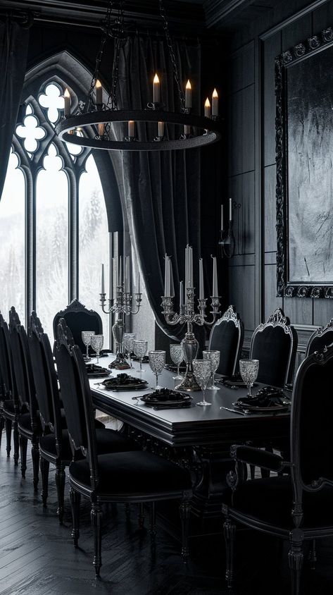 Gothic Castle Dining Hall, Addams Family Home Aesthetic, Gothic Style Dining Room, Gothic Restaurant Interior Design, Gothic Dining Hall, Goth Castle Interior, Gothic Dining Room Ideas, Gothic Set Design, Gothic House Design