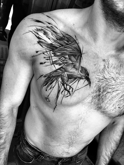 Polish Tattoo Artist Shows The Beauty Of Imperfection With Her Sketch Tattoos (10+ Pics) Gothic Arm Tattoo, Crow Tattoo For Men, A Bird Tattoo, Rabe Tattoo, Polish Tattoos, Scene Tattoo, Sketch Style Tattoos, Crow Tattoo, Raven Tattoo