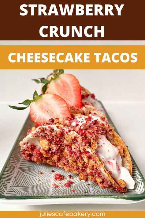 When you want something SUPER crunchy, yet creamy - this one is for you! I coated taco shells in white chocolate and strawberry crunch, and filled them with silky cream cheese. Finely diced strawberries offer bursts of flavor in every bite, balancing sweet and tangy components. Recipe is simple and quick, plus strawberry crunch cheesecake tacos look awesome! #strawberrycrunch #cheesecaketacos #strawberrycheesecake #strawberrycrunchtacos Strawberry Crunch Tacos, Cream Cheese Tacos, Strawberry Crunch Tacos Recipe, Strawberry Cheesecake Taco Recipe, Desert Tacos, Taco Dessert Ideas, Strawberry Tacos, Cheesecake Tacos Recipe, Crunch Tacos