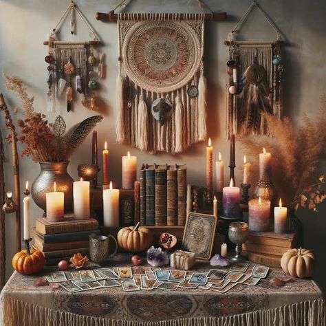 What is Samhain? The Roots of a Sacred Autumn Tradition - Crystal Sand Tarot Wiccan Alters Inspiration, Goddess Home Decor, Tarot Office Decor, Samhain Altar Ideas, Altar Table Ideas, Witchy Altar Ideas, Home Altar Ideas, Crystal Altar Ideas, Witch Altar Inspiration