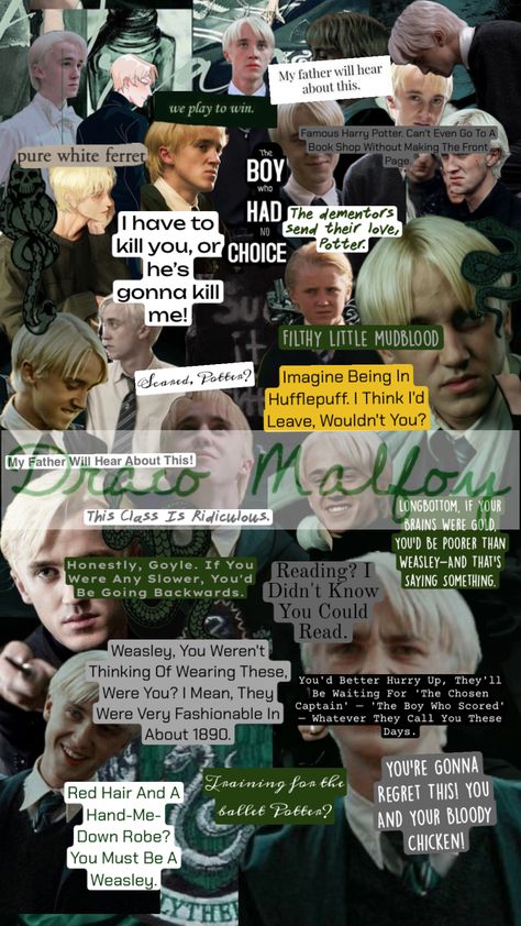 Draco Malfoy Quote Board #harrypotter #dracomalfoy #dracoquotes #quoteboard Draco Malfoy Boyfriend, Draco Headcanons, Draco Quotes, Draco Malfoy Birthday, Draco Malfoy Collage, Malfoy Quotes, Draco Malfoy Memes, Draco Malfoy Headcanon, Draco Malfoy Quotes