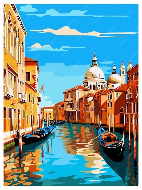 Premium Vector | Venice Italy Vintage Travel Poster Wall Art Print Souvenir Postcard Portrait WPA Illustration Venice Postcard, Italy Souvenirs, Italy Postcard, Italy Illustration, Vintage Italian Posters, Vintage Postcards Travel, Italian Posters, Italy Poster, Italy Venice