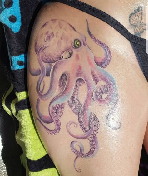 #octopus #light #nolines #color #beautiful #purple #pink #blue #artist #tattoo #women #gorgeous #thigh #tats Watercolour Octopus Tattoo, Blue Octopus Tattoo, Feminine Octopus Thigh Tattoos, Octopus Hip Tattoos Women, Girly Octopus Tattoo, Colored Octopus Tattoo, Female Octopus Tattoo, Octopus Tattoos Color, Octopus Color Tattoo