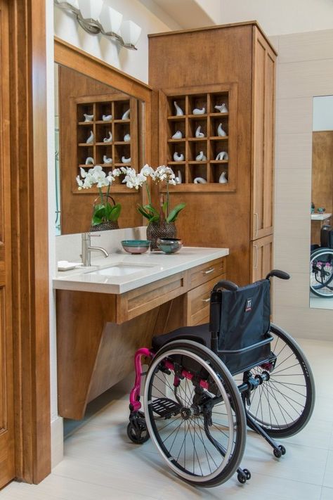 Wheelchair-Accessible Bathroom Roll Under Bathroom Vanity, Luxury Ada Bathroom, Ada Compliant Bathroom Design, Ada Bathroom Design, Carla Aston, Universal Design Bathroom, Mom Bathroom, Accessible Bathrooms, Accessible Bathroom Design