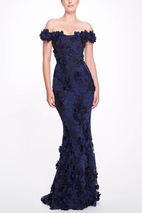 Couture Resort 2022 – Marchesa Marchesa Couture, Gown With Cape, Marchesa Dress, Navy Gown, Strapless Evening Gowns, Ruffle Gown, One Shoulder Gown, Floral Gown, Silk Gown