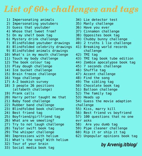 Hi everyone! Today I wrote down many challenges and tags that I found on the internet for some inspiration, maybe for some youtubers or bloggers! Impersonating animals Impersonating youtubers Guess that youtuber Whose that tweet from? On my shelf book tag Mystery drink challenge Blindfolded youtuber drawings Blindfolded celebrity drawings Blindfolded animals drawings What’s in … … Continue reading → Challenges For Youtube, Youtube Handle Name Ideas, Youtube Challenges Ideas, Vlogging Ideas, Youtube Challenges, Channel Name Ideas, Starting Youtube, Youtube Channel Name Ideas, Youtube Guide