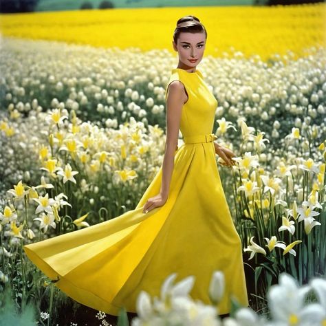 Amidst a field of dancing daffodils, a digital Audrey Hepburn is reborn, her silhouette a striking contrast to the delicate flowers that… | Instagram Marine Corps Ball, Cycle Of Life, The Natural World, Delicate Flowers, Delicate Flower, Marine Corps, Audrey Hepburn, Yellow Dress, Daffodils