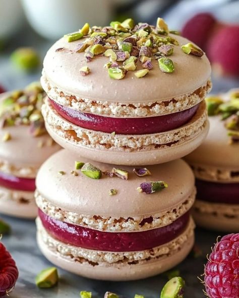 Recipes By Sandra | Luxurious Raspberry Pistachio Macarons 📝 Ingredients: 1 1/4 cups almond flour 1 3/4 cups powdered sugar 3 large egg whites (room... | Instagram Raspberry Pistachio, Raspberry Macarons, Pink Gel, Gel Food Coloring, Raspberry Jam, Egg Whites, Cookies Recipes Chocolate Chip, Granulated Sugar, Macaroons