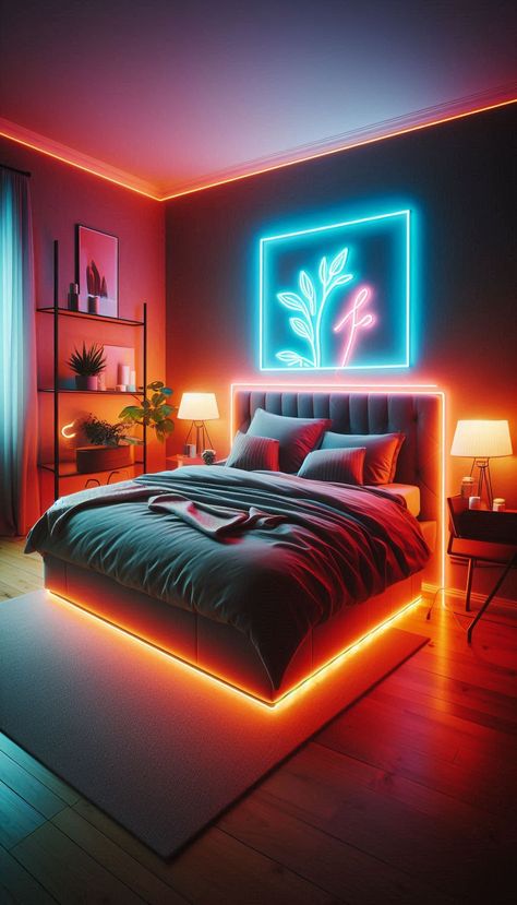 Transform your space with a stunning neon bedroom aesthetic! This modern bedroom features glowing LED lights under the bed frame and around the wall art, creating a warm yet futuristic ambiance. Perfect for trendy home decor enthusiasts looking to elevate their room design with ambient lighting ideas.Save this pin for your next room makeover! Tap for more neon decor inspiration! Neon Bedroom Aesthetic, Ambient Lighting Ideas, Couples Bedroom Decor Ideas, Modern Room Ideas, Decoration Bedroom Ideas, Bedroom Decor Ideas For Couples, Couples Bedroom Decor, Aesthetic Bedroom Design, Chic Bedroom Ideas