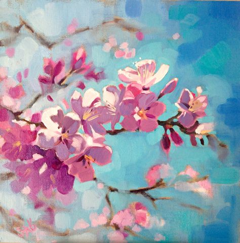 Cherry Blossom Painting Acrylic, Oil Painting Aesthetic, Cherry Blossom Drawing, Linen Board, Cherry Blossom Watercolor, Cherry Blossoms Illustration, Oil Painting Background, Cherry Blossom Painting, Painting Aesthetic