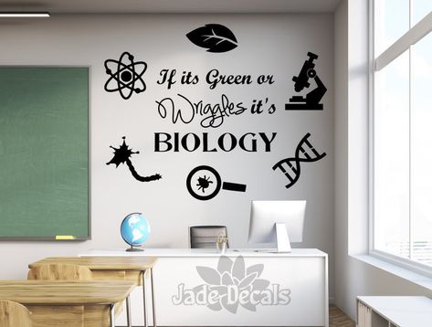 This biology classroom decal says If it's Green or Wriggles it's Biology and is great for biology enthusiasts, classrooms, playrooms etc! Sizes over 24 inches tall will come as multiple pieces to apply to the wall as shown. I will include a free test decal to make sure it will stick to your High School Biology Classroom Decor, Biology Classroom Decor, Biology Classroom Decorations, High School Biology Classroom, Biology Gifts, Teacher Cart, Biology Teacher Gifts, Science Wall, Math Wall