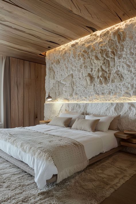 Stone Wall Bedroom Master Suite, Rustic Loft Bedroom Ideas, Stone Wall In Bedroom, Bedroom With Stone Wall, Stone Bedroom Wall, Stone Bedroom, House Interior Inspiration, House Interior Kitchen, Stone Walls Interior