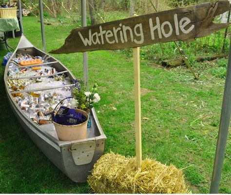 The beer canoe from my wedding! Canoe Beer Cooler, Canoe With Drinks, Canoe Beverage Holder Wedding, Canoe Beer Wedding, Lake Wedding Theme Ideas, Beer Boat Wedding Canoe Cooler, Beer Canoe For Wedding, Beer Boat Wedding, Camping Wedding Food Ideas