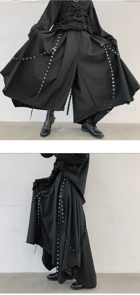 Men Ribbon Dark Black Wide Leg Pants Male Women Japan Streetwear Punk Gothic Harem Trousers Kimono Skirt Pants on AliExpress Wide Leg Goth Pants, Dark Kimono Aesthetic, Fantasy Gender Neutral Outfits, Japan Streetwear Men, Goth Clothes Men, Kimono Male, Kimono Streetwear, Gothic Fashion Men, Kimono Skirt