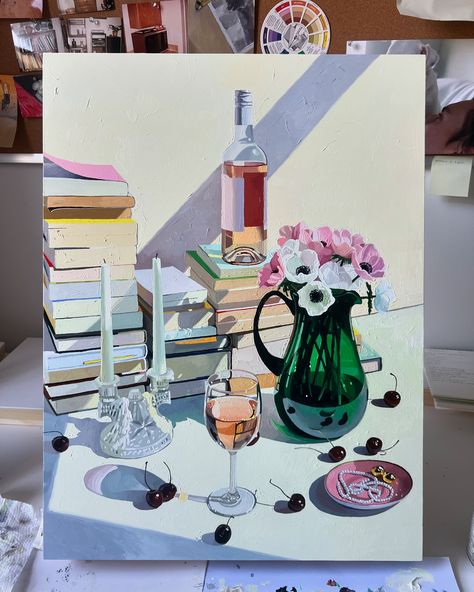 🕯️💐🍷📚🍒 swipe to see how this came together. Feel free to ask me any questions about my painting process and I’ll do my best to answer 💞 Picture To Paint For Beginners, Art Gallery Aesthetic, Drinks Art, Pi Art, Gallery Aesthetic, Art Assignments, Apartment Art, Painting Gallery, Art Inspiration Painting