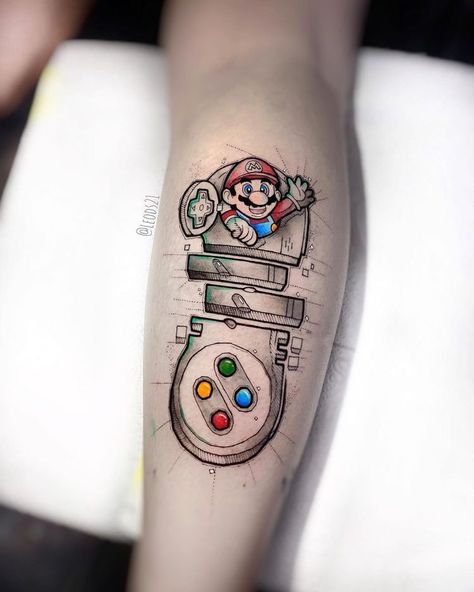 Old School Sleeve, Super Mario Tattoo, Mario Tattoo, Explore Tattoo, Marvel Tattoos, Gaming Tattoo, Mario Art, Music Tattoos, Cartoon Tattoos