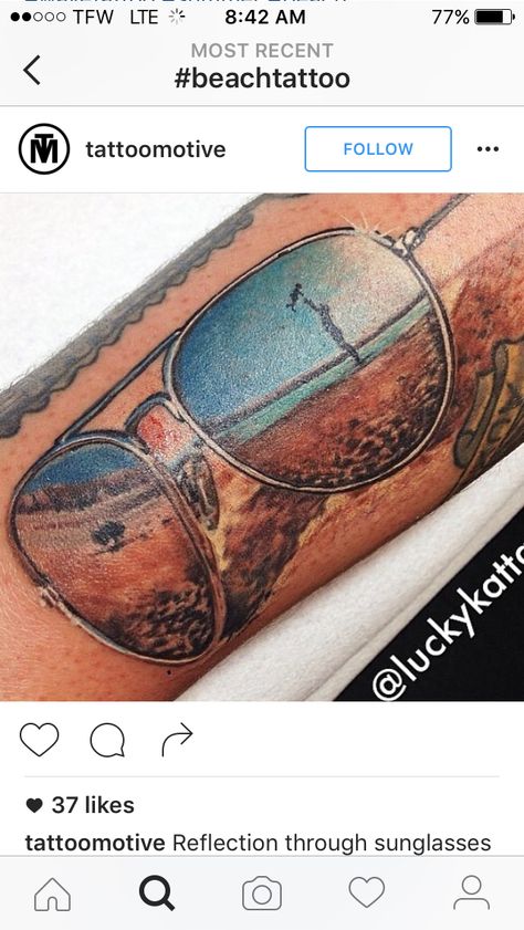 Sunglasses Tattoo Ideas, Sunglass Tattoo, Sunglasses Tattoo, Reflection Tattoo, Reflection Pictures, Beach Tattoo, Beach Sunglasses, Name Tattoos, Dope Tattoos