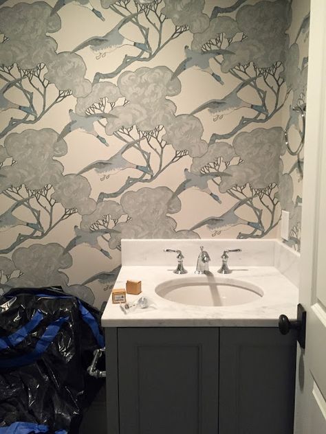 Flying Ducks wallpaper; vanity SW Tin Lizzie Mulberry Flying Ducks, Ducks Wallpaper, Tin Lizzie, Flying Ducks, Celerie Kemble, Duck Wallpaper, Mulberry Home, Bathroom Wallpaper, My Car