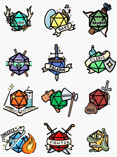 "D20 Classes" Sticker by kelsearae | Redbubble D&d Class Symbols, D&d Doodles, Dnd Clip Art, Dungeons And Dragons Nail Art, Dnd Class Symbols, Dnd Painting Ideas, Dnd Sticker Ideas, D&d Stickers, Dnd Cookies