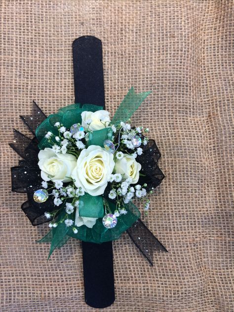 Prom Wrist Corsage Ideas Emerald Green, Jade Green Corsage, Emerald Green And Black Corsage, Prom Corsage And Boutonniere Emerald Green, Black And Green Corsage, Emerald Green Corsage And Boutonniere, Emerald Green Corsage, Green And Black Prom, Green Prom Couple