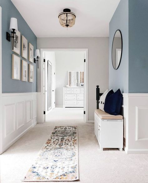 Blue Walls With White Wainscoting, Light Blue Hallway, Stairs And Hallway Ideas, Stairway Walls, Blue Hallway, Blue Fall Decor, Wainscoting Bedroom, White Hallway, Painting Shiplap