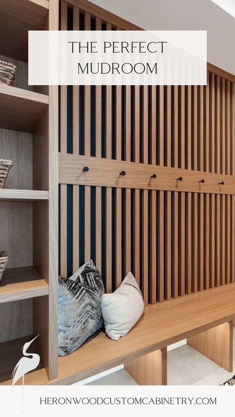 Our custom mudrooms are the perfect spot to store everything from beach towels to life jackets, swim shoes to floaties. Whether you're heading to the lake or need an upgrade for your summer cabin, a well-organized mudroom is an absolute game changer!  #LuxuryHomes #HomeDesign #CustomCabinetry #VancouverIslandHomes #LuxuryClosets #CustomClosets Wood Slat Mudroom, Drop Station Entryway Small Spaces, Mudroom Floating Bench, Mudroom Stairs Entryway, Midcentury Modern Mudroom Entryway, No Mudroom Solution, Small Mud Room Ideas Entryway Garage, Modern Mud Room Ideas, Fun Mudroom