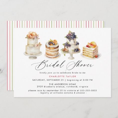 $3.08 | Cakes | Cute Bakery Dessert Theme Bridal Shower #fun bright colorful modern retro, unique whimsical chic stripes multicolor, watercolor fancy script sweet cake, trendy feminine casual cute girly, fruit berry cute desserts food, dessert themed bridal shower invitations, instant download brunch luncheon, digital downloadable cheerful vibrant, delicate airy dainty simple white, bakery baking theme bridal invites Cakes Cute, Dessert Theme, Fancy Script Font, Baking Theme, Bright Wedding Colors, Cute Bakery, Fun Dessert, Celebrity Bride, Themed Bridal Shower