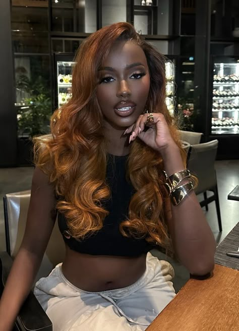 Copper Brown Black Women, Black Hair With Ginger Highlights, Ash Brown Hair Black Women, Honey Brown Sew In, Dark Skin With Colored Hair, Copper Hair Dark Skin, Copper Hair On Dark Skin, Honey Blonde Hair On Dark Skin Women, Dark Ginger Hair Black Women