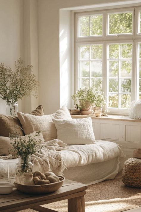 Embrace the cottagecore trend in your living room with floral prints, vintage furniture, and soft pastel colors. Layer soft textures like wool, linen, and cotton for a cozy, lived-in feel. Add a fireplace or wood stove for a true countryside aesthetic. 🛋🌸 Living Room Inspiration Cottage Core, Soft Cottage Core Aesthetic, Soft Cottagecore Aesthetic, Soft Cottagecore, Cottage Forest, Cottagecore Living Room, White Couches, Cottage Core Aesthetic, Cozy Fireplace