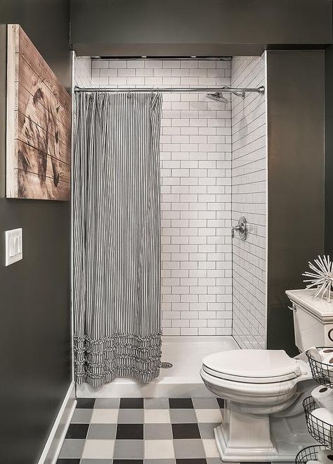 Black and White Ruffled Shower Curtain Small Shower Remodel, Farmhouse Shower Curtain, Farmhouse Shower, Tile Remodel, White Subway Tiles, Country Bathroom, Tiny House Bathroom, Stunning Bathrooms, Modern Farmhouse Bathroom