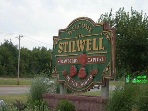 #Stilwell #Oklahoma Town Inspiration, Town Sign, Watermelon Festival, Oklahoma Travel, Strawberry Festival, Food Truck Festival, Oklahoma History, Carnival Rides, Welcome Signs