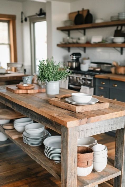 "Add a touch of farmhouse charm with a Rustic Kitchen Island! 🍳🌾 Ideal for blending functionality with rustic elegance. 🌿✨ #FarmhouseStyle #KitchenDesign #RusticLiving" Small Farmhouse Island, Old Farmhouse Kitchen Island, Rustic Butcher Block Island, Rustic Industrial Kitchen Island, Kitchen Island With Seating And Storage, Farmhouse Butcher Block Island, Table Island Kitchen, Kitchen Island Shiplap, Rustic Farmhouse Kitchen Island