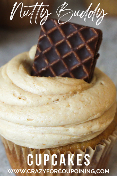 These Nutty Buddy cupcakes are made with real Nutty Buddy bars and topped with a creamy peanut butter frosting. They're so delicious, you'll want to eat them all in one sitting! #cupcakes #dessert #candybarcupcakes #foodporn Nutty Buddy Cupcakes, Nutty Bar Cake, Nutty Buddy Dessert, Nutty Buddy Cake, Buddy Bars, Heavenly Dessert Recipe, Candy Bar Cupcakes, Nutty Bars, Nutty Buddy