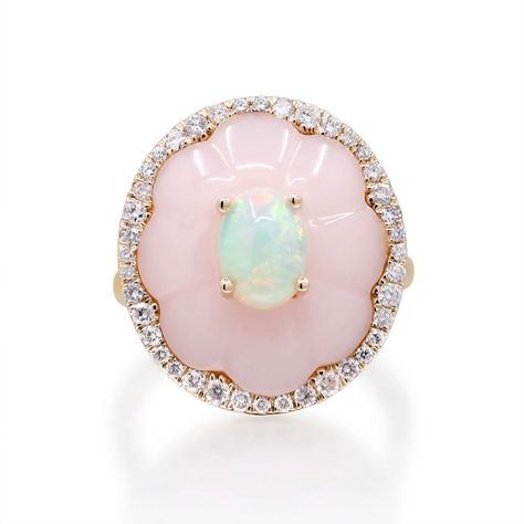 With the CIRARI 14K Yellow Gold Pink Opal and Ethiopian Opal Halo Ring, discover captivating brilliance. Carefully made, this ring has an enthralling display of 0.41 carats worth of pink and Ethiopian opals encircled by a brilliant halo. The design, set in glossy 14K yellow gold, combines classic charm with contemporary elegance. This CIRARI masterpiece will elevate your style since it is a representation of timeless beauty and tasteful design in every way. Ethiopian Opal Rings Fine Jewelry, Elegant Hallmarked Ethiopian Opal Ring, Sailor Moon Ring, Elegant Ethiopian Opal Ring, Hallmarked, Pink Opal Ring, Pink Halo, Elegant Ethiopian Opal Ring, Oval Cabochon, Opal Diamond Ring, Opal Engagement Ring