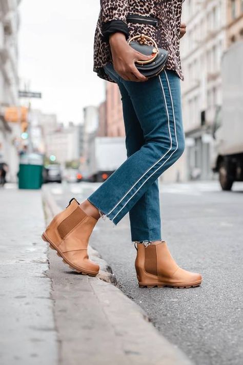 Stylish Fall Boots to Wear Right Now | Who What Wear Sorel Ankle Boots Outfit, Sorel Boots Outfit Fall, Sorel Chelsea Boot Outfit, Sorel Joan Of Arctic Wedge Outfit, Wedge Boots Ankle Outfits, Sorel Wedge Boots Outfit, Sorel Boots Outfit, Wedge Booties Outfit, Wedge Boots Outfit