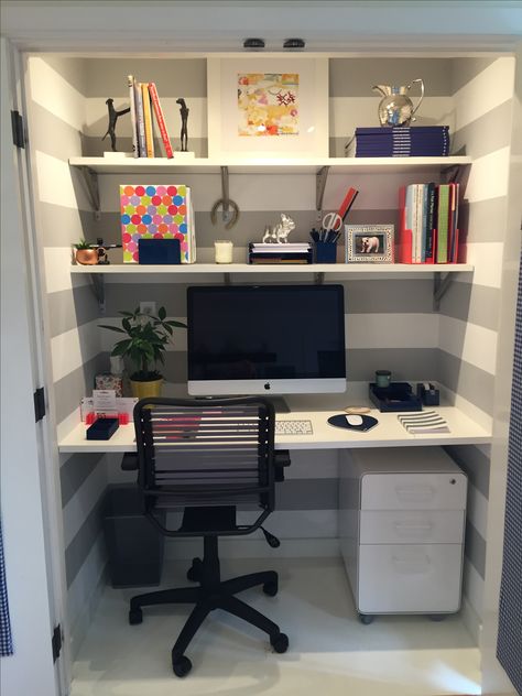 Fold Down Desk In Closet, Craft Closet Organization With Desk, Desk In Small Closet, Desks In Closets Ideas, Small Closet Office Space, Closet Into Gaming Desk, Making A Closet Into An Office, Computer Desk In Closet, Desk Nook In Closet