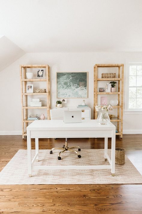 Desk Facing Door Home Office, Home Office Desk Facing Out, Office In Middle Of Room, Home Office Middle Of Room, Large White Desk Home Office, Office Desk Facing Door, Neutral Home Office Cozy, Office Shelves Behind Desk, Office Desk Facing Out