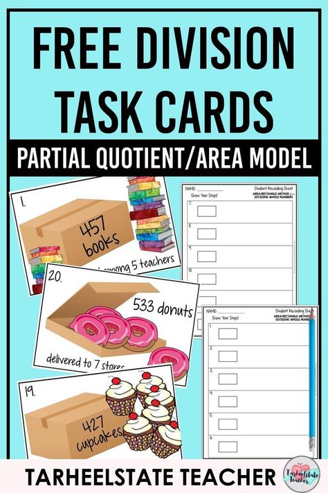 Free DIVIDING WHOLE NUMBERS TASK CARDS | Use these free division task cards for the area model for division, partial quotients, rectangle/box method division, or long division with your 4th grade or 5th grade math students; Division task cards focus on 1 Box Method Division, Area Model Division, Partial Quotients, Teaching Division, Division Activities, Area Model, Long Division, Whole Numbers, Math Division