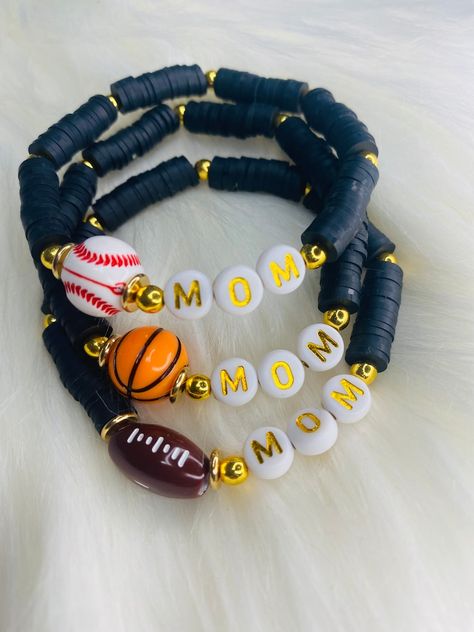 Sports Mom Beaded Bracelet , Football Mom , Baseball Mom , Basketball Mom , Custom Name Bracelets - Etsy Softball Bracelet Diy, Baseball Heishi Bracelet, Baseball Clay Bead Bracelet, Football Clay Bead Bracelets, Heishe Bracelet, Baseball Mom Bracelet, Heishi Bracelets, Team Bracelets, Clay Bracelets