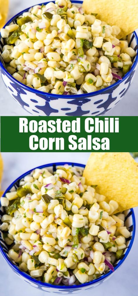 Roasted Chili Corn Salsa - a copycat Chipotle Corn Salsa with roasted poblano peppers and sweet corn. It is a medium heat and perfect for dipping or topping tacos or salads or just about anything else! Roasted Corn Salsa Recipe, Roasted Chili Corn Salsa, Chili Corn Salsa, Chipotle Corn Salsa, Chipotle Corn, Skinnyish Dish, Roasted Corn Salsa, Corn Salsa Recipe, Roasted Poblano Peppers