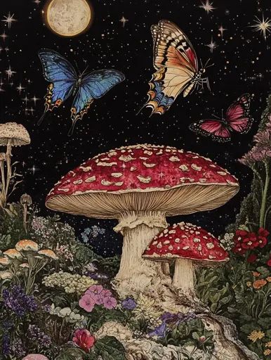 ↑↑↑ Larger size on website 🔸 A whimsical, enchanted forest scene unfolds under a starry night sky. A large, glowing moon hangs in Mushrooms And Butterflies, Mushroom Prints, Three Butterflies, Giant Mushroom, Glowing Moon, Ethereal Light, Free Printable Art, Butterflies Flying, A Starry Night