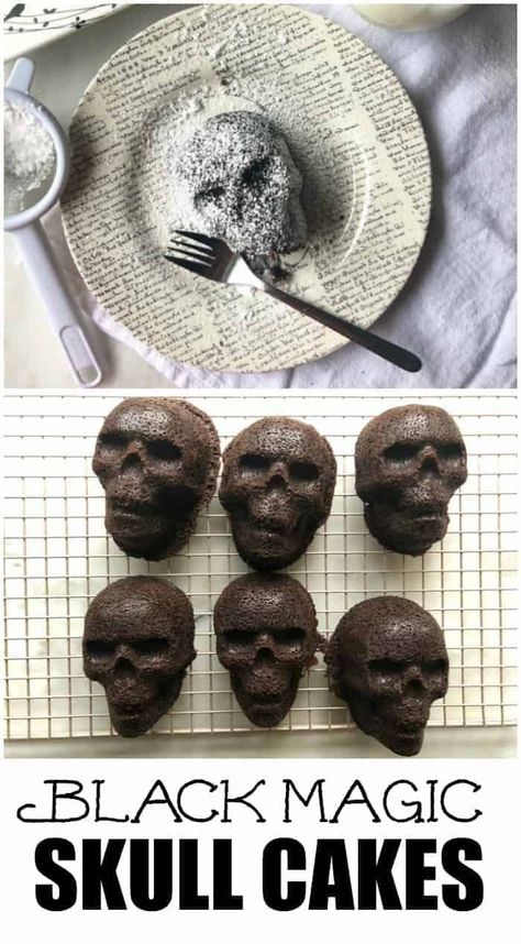 Black Magic Skull Cakes are the perfect Halloween Treat! Made with Nordic Ware's Skull Pan and covered in powdered sugar. Chocolate Skull Cake, Skull Brownies, Horror Cakes, Skull Cake Pan, Skull Cakes, Skull Cupcakes, Halloween Deserts, Recipe Folder, Halloween Foods