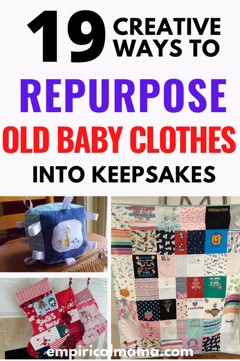 Don’t know what to do with outgrown baby clothes? Here are 19 creative ways to repurpose old baby clothes into keepsakes. Baby Clothes Quilt Diy, Keepsake Onesie Ideas, Diy Quilt From Old Clothes, What To Do With A Loved Ones Clothes, Things To Make From Loved Ones Clothing, Newborn Clothes Keepsake, How To Make A Quilt Out Of Baby Clothes, Quilt Made With Baby Clothes, Repurpose Loved Ones Clothes