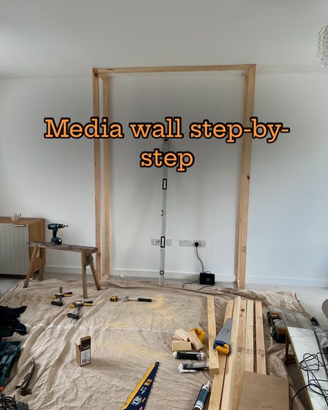 Media wall step-by-step in pictures 📸 Thought it might be useful to share this process of how we created our media wall. 🌟 We made the TV gap bigger incase we buy a bigger TV in the future 🌟 We also made the fireplace gap bigger for this reason too 🌟 There is a false wall behind the fireplace for easy access to the plug sockets #stepbystep #mediawallsteps #mediawalldesign #mediawallprogress #shelving #ikeabesta #ikeahack #handmade #diy #diymediawall #diyguide #homedesignideas #buildyour... How To Build Media Wall, Media Wall Vaulted Ceiling, Diy Media Wall With Fireplace, Media Wall Diy, Tv Media Wall Ideas, Diy Media Wall, Media Wall With Fireplace And Tv, Media Wall Ideas, Wall Behind Tv