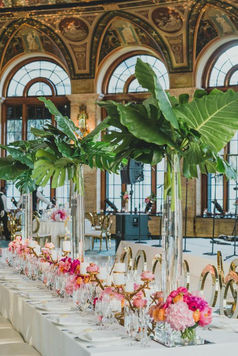 Whimsical Palm Beach Wedding | LuvRox Photography | PartySlate Glamorous Beach Wedding, Wedding Palm Trees, The Colony Palm Beach Wedding, Palm Royale Party Decor, Palm Beach Wedding Decor, Palm Royale Aesthetic, Palm Royale Party Theme, Palm Royale Party, Palm Wedding Decor