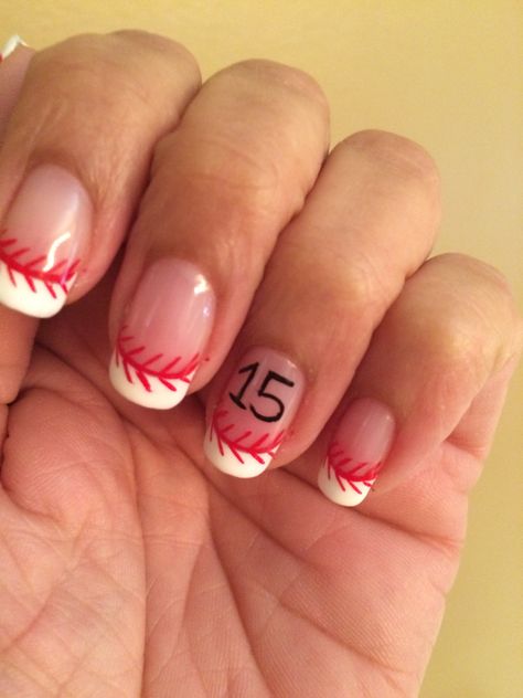 Pink Baseball Nails, Baseball French Tip Nails, Simple Baseball Nails, Baseball Themed Nails, Baseball Nail Designs, Soccer Nails, Baseball Nails, Gel French Manicure, Baseball Stuff