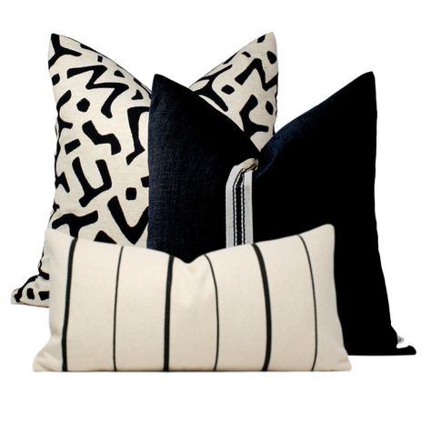 African Pillow, Black And White Cushions, Pillow Combo, Pillow Combos, Kuba Cloth, Cloth Design, Long Lumbar Pillow, Black Pillows, Black Cushions