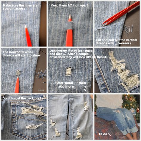 Diy Distressed Jeans, Diy Ripped Jeans, Torn Clothes, Fashion Tricks, Distress Jeans, 80's Fashion, Diy Denim, Clothing Crafts, Diy Jeans