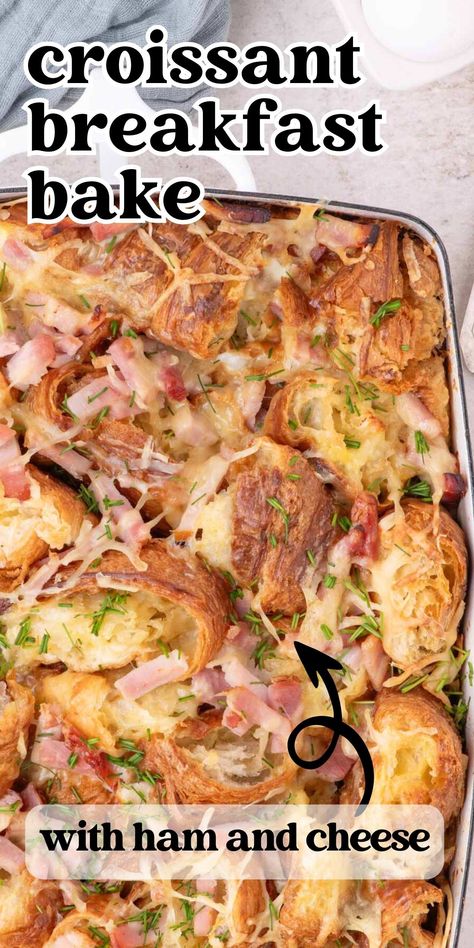 Ham Egg Cheese Croissant Casserole, Breakfast Croissant Bake, Croissant Breakfast Pie, Croissant Egg Bake, Crossaint Breakfast Ideas, Breakfast Casserole With Croissants, Croissant Breakfast Bake, Brunch Egg Casserole, Ham And Gruyere