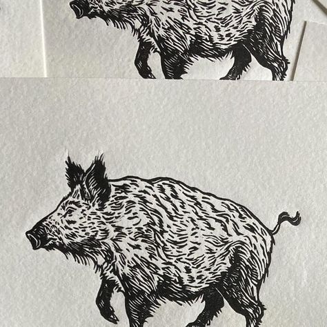 Emily Robertson - Lino Printmaking | Art | Illustration on Instagram: "My little wild boars 🐗" Cowboy Linocut, Wild Boar Art, Wild Boar Silhouette, Wild Boar Illustration, Forest Block Print, Wild Boar, Printmaking Art, Body Art Tattoos, Printmaking